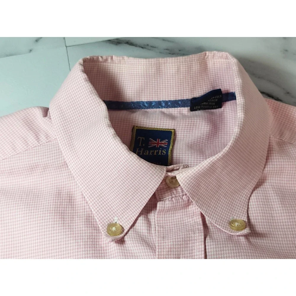 T. Harris London Pink White Herringbone Button‎ Down Shirt Pocket Size Large